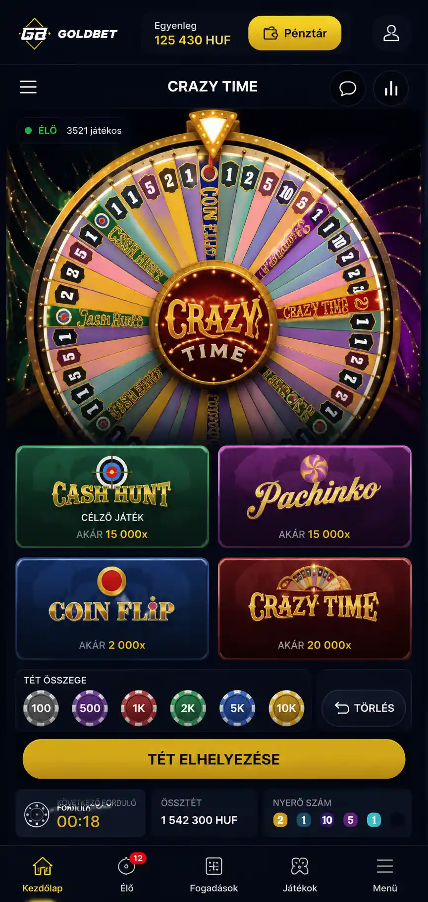 Crazy Time mobil felülete