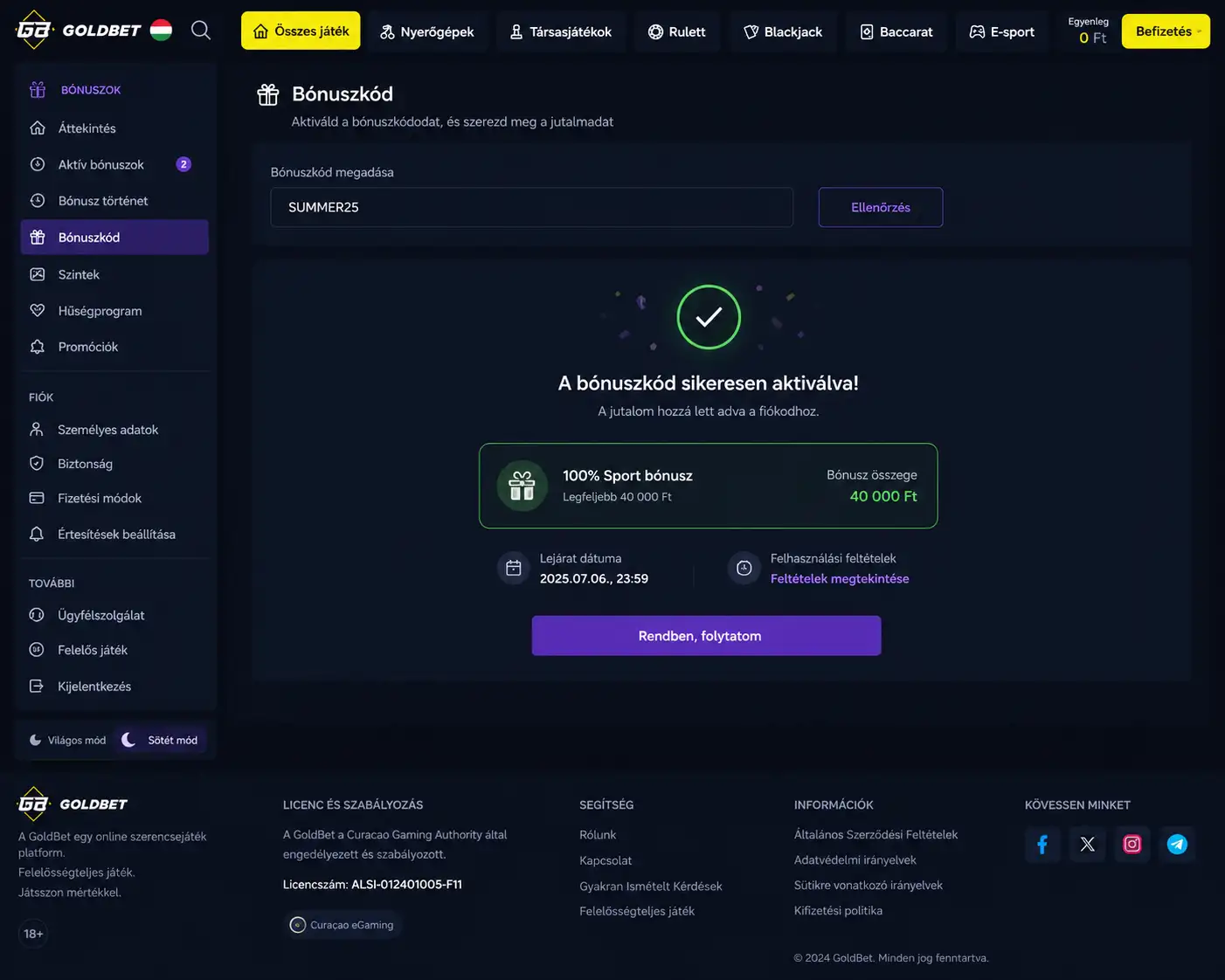 Goldbet bónuszkód aktiválásának visszaigazolása a fiók Bónuszok menüpontjában