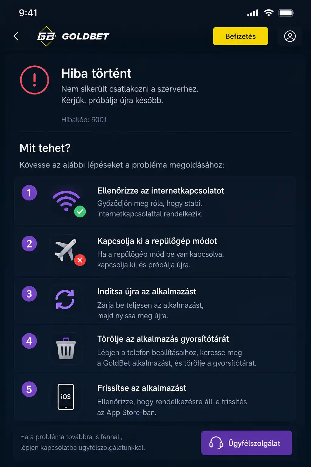 Hibaüzenet képernyőképe és megoldási lépések illusztrációja
