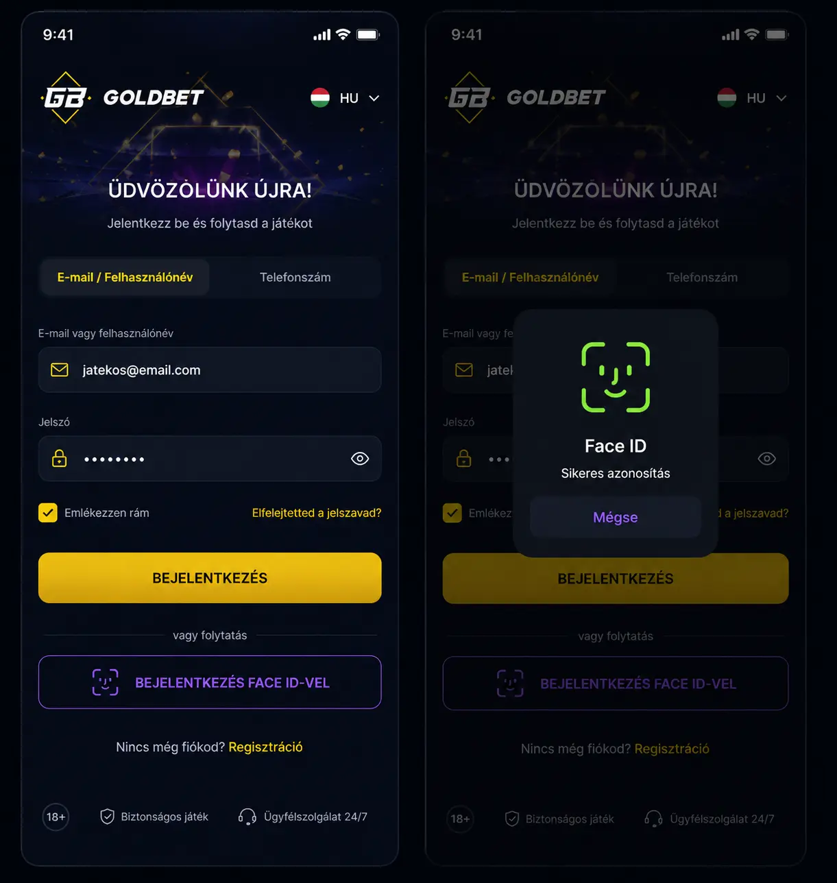 Bejelentkezési képernyő Face ID megerősítési felülettel