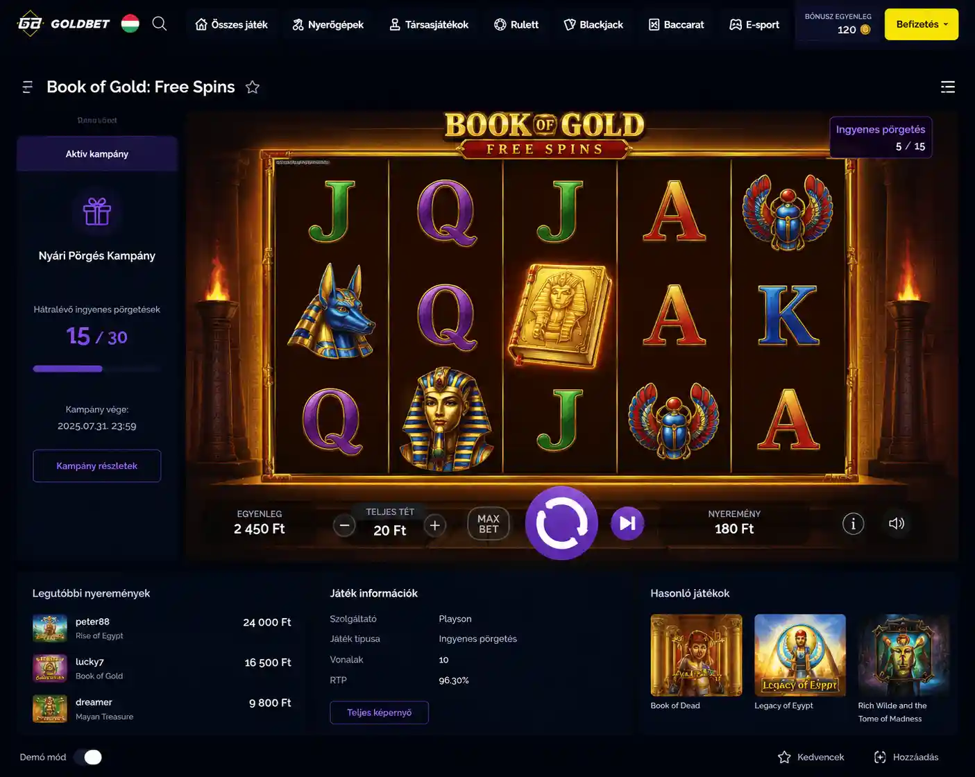 Goldbet pörgetéskampányhoz kijelölt nyerőgép felülete a bónuszegyenleg kijelzésével