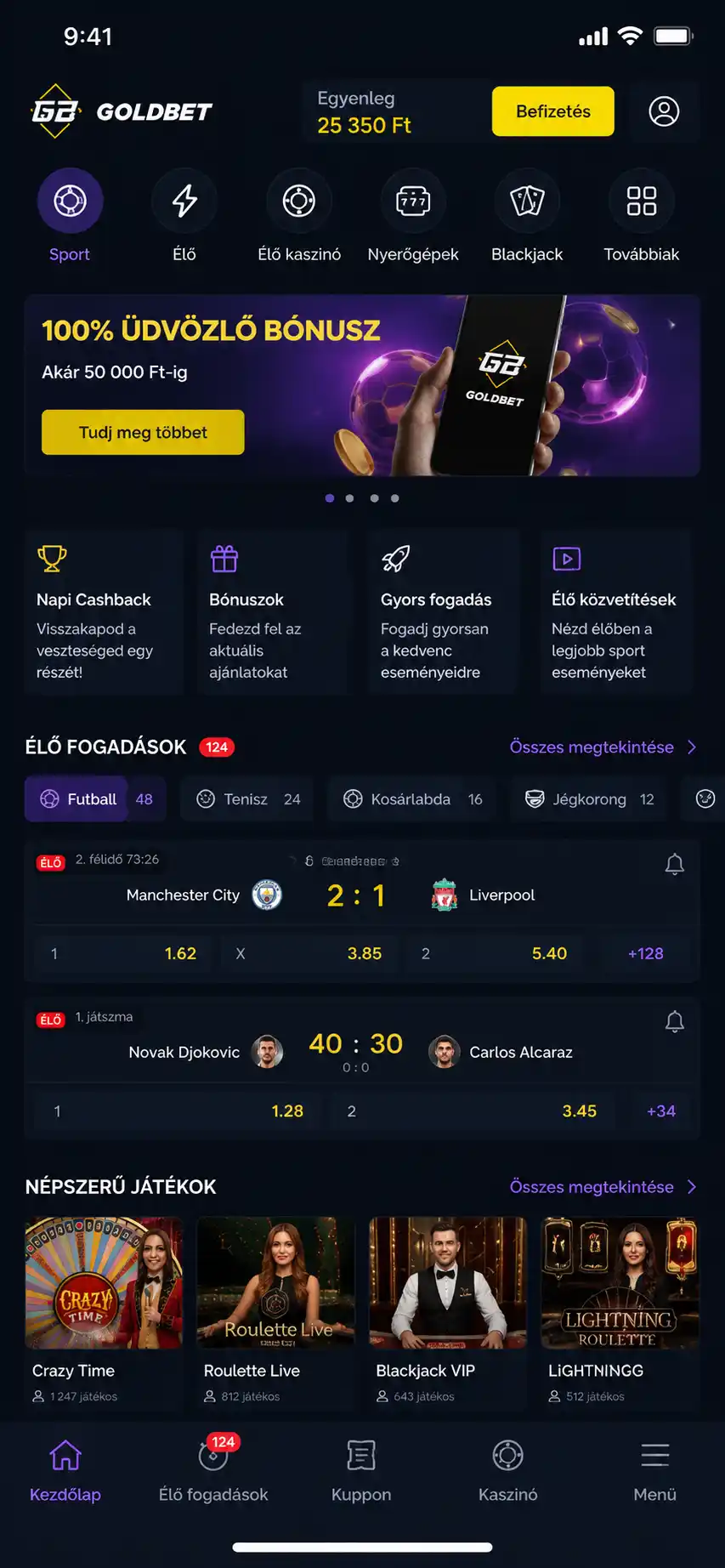 GoldBet alkalmazás kezdőképernyője iPhone-on