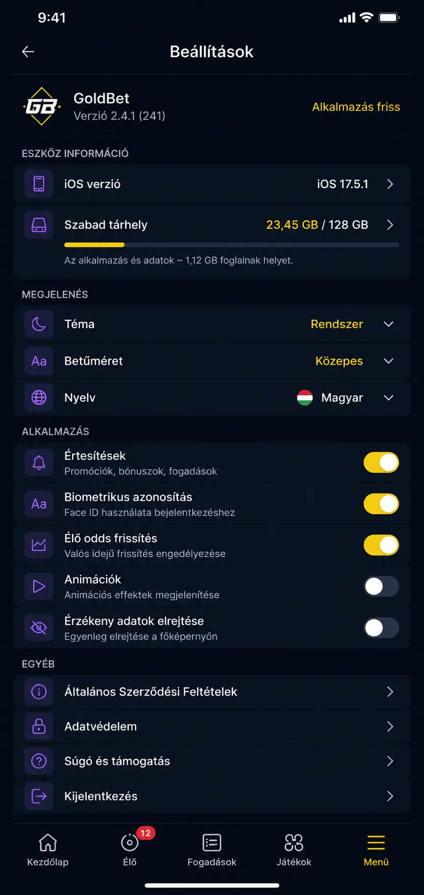 iOS beállítások képernyő tárhellyel és rendszerverzióval