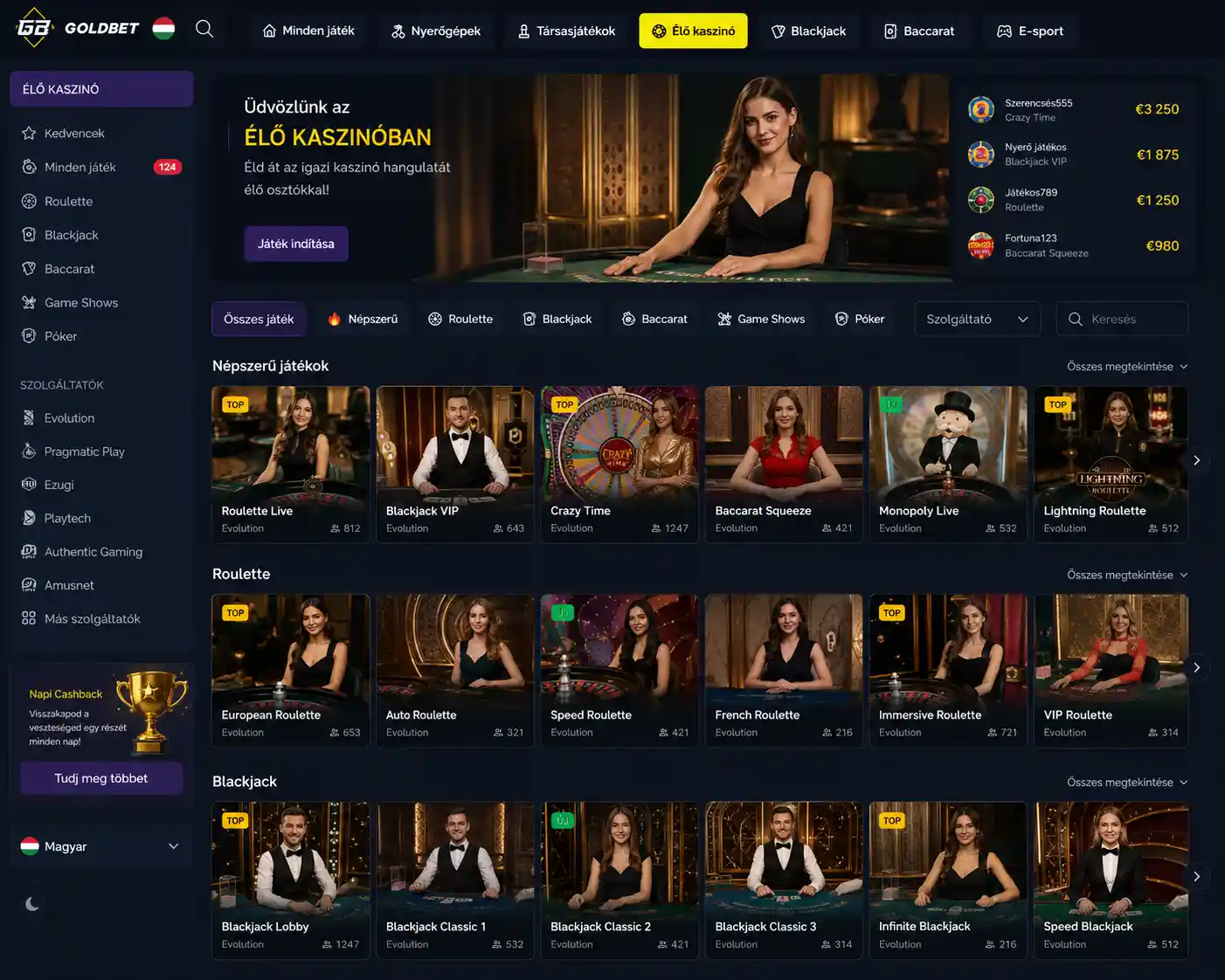 Goldbet Live Casino szekció felülete