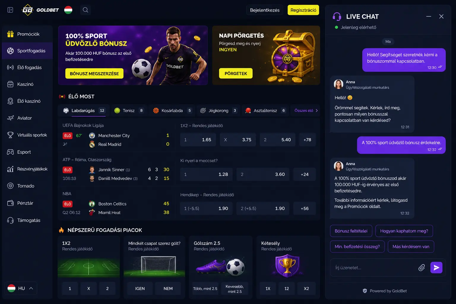 Goldbet élő chat felület