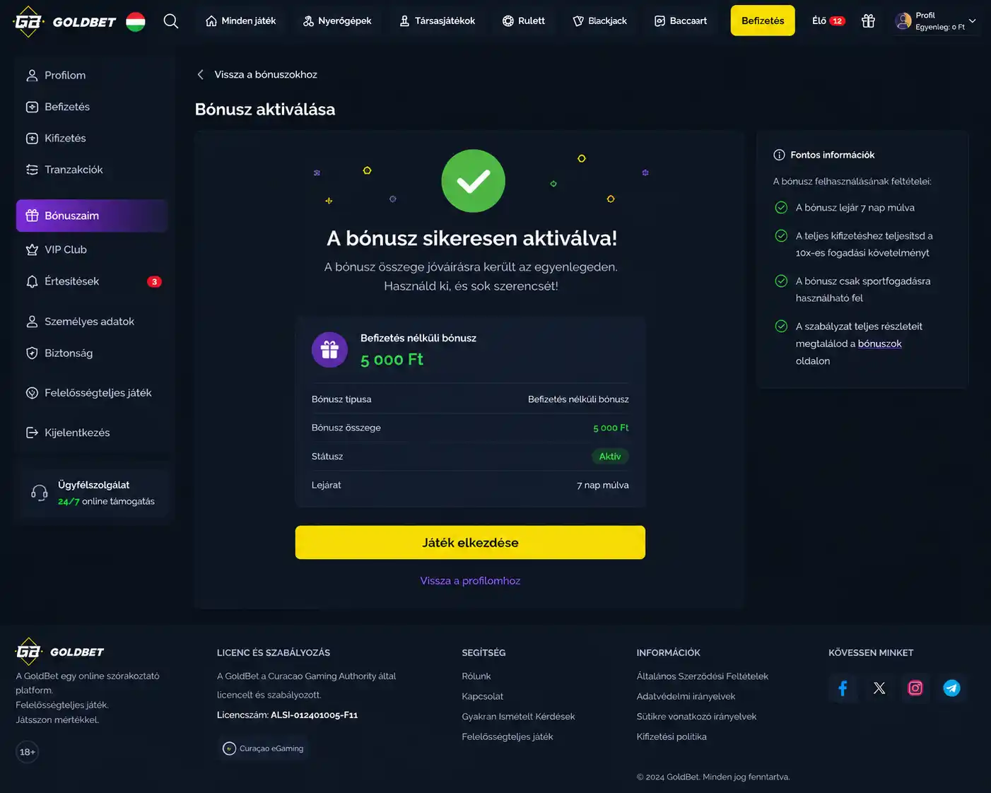Goldbet befizetés nélküli bónusz aktiválási visszaigazolása a profil Bónuszok felületén