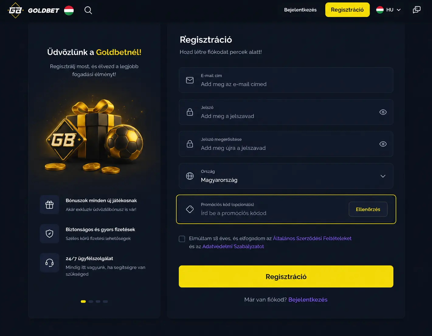 Goldbet promóciós kód beviteli mezője a regisztrációs űrlapon