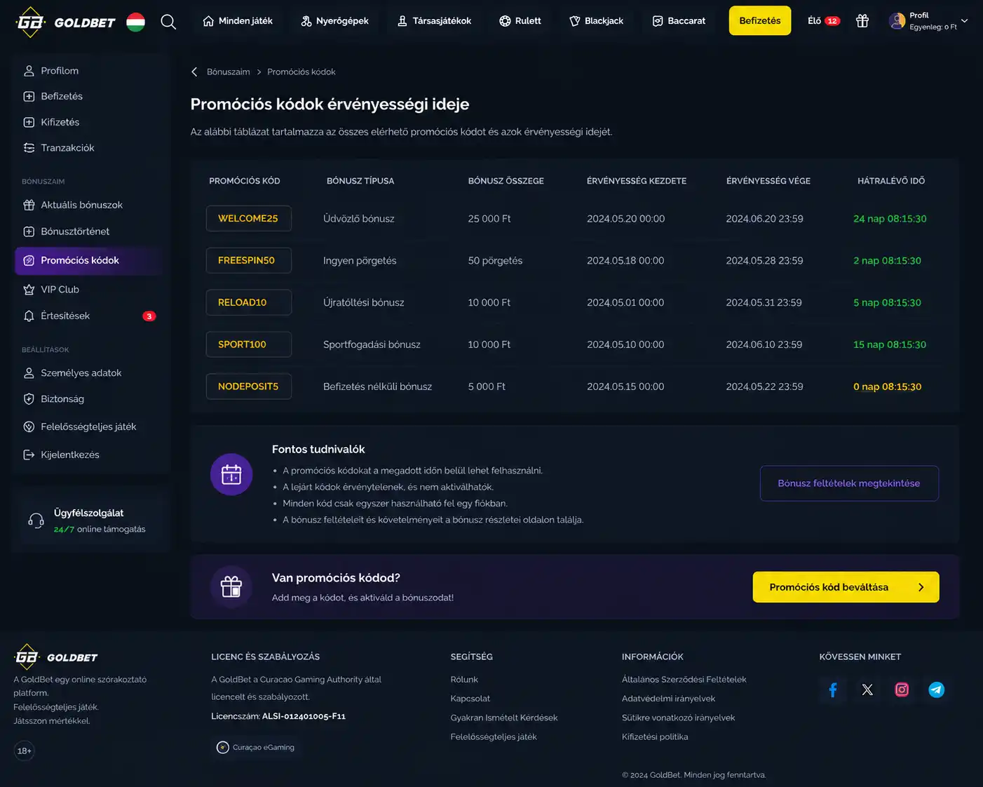 Goldbet promóciós kódok érvényességi táblázata a hivatalos bónuszoldalon