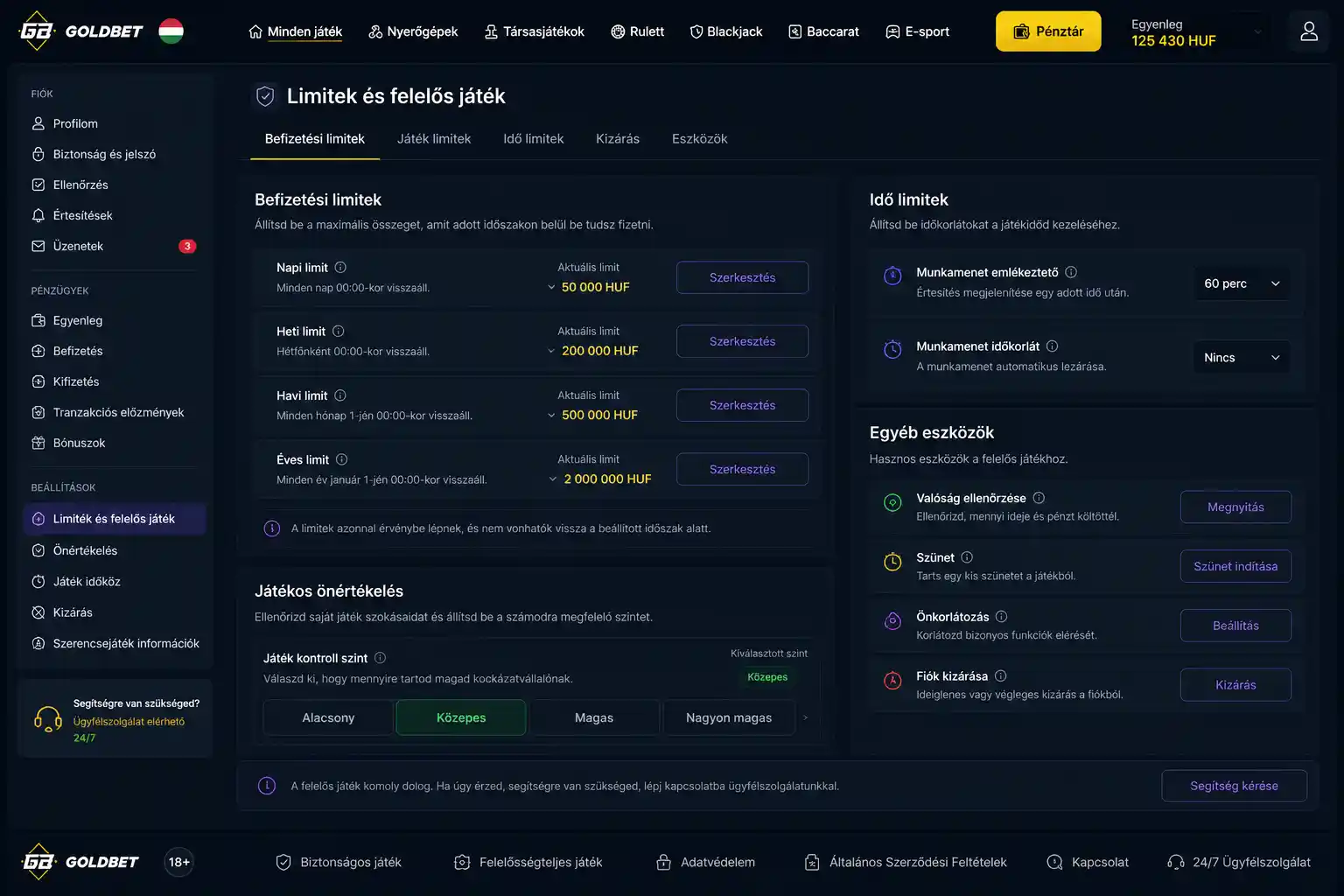 Felelős játék és limitbeállítások felülete