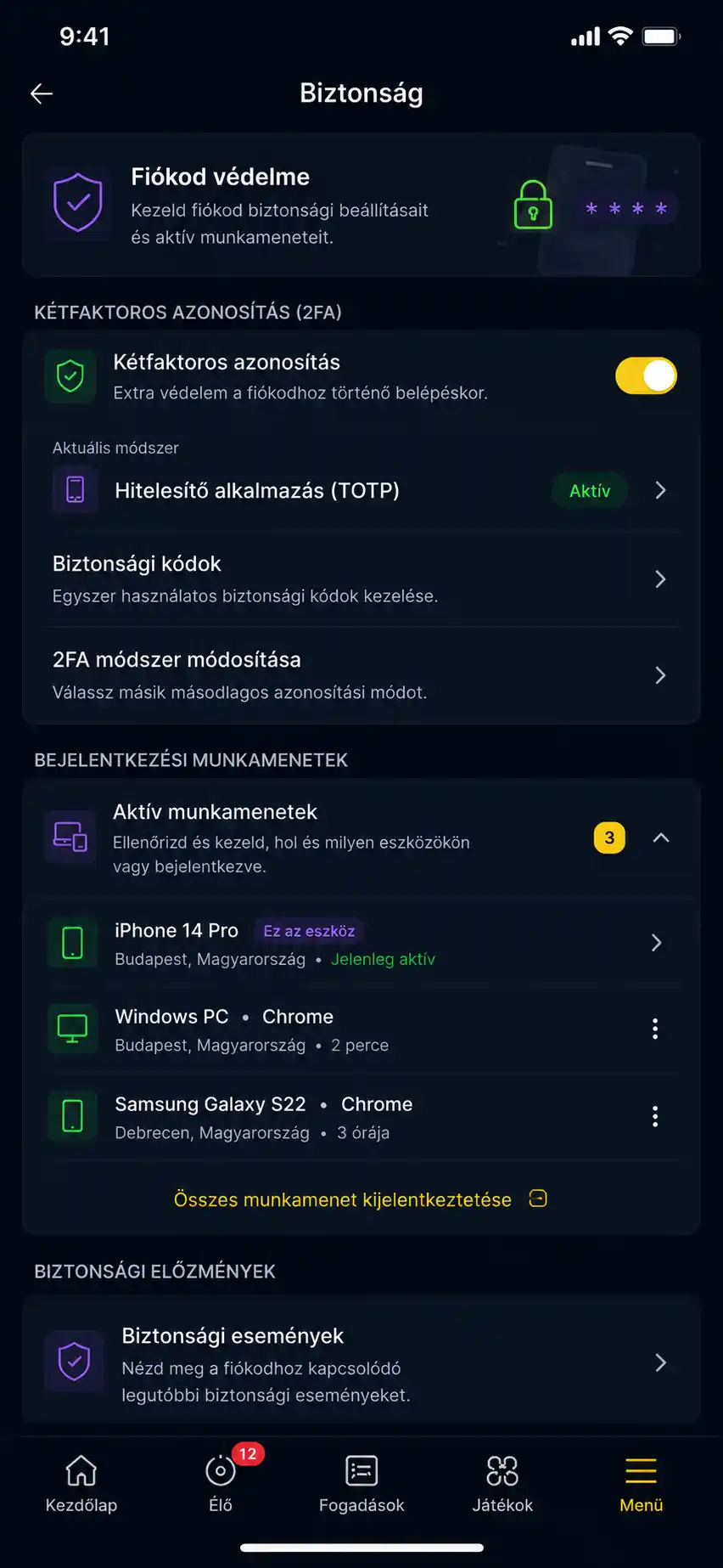 Biztonsági beállítások képernyő kétfaktoros azonosítással